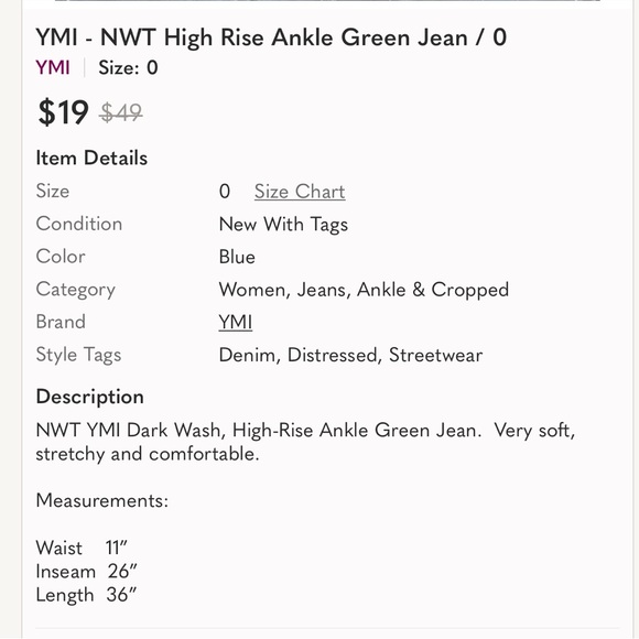 YMI - NWT High Rise Ankle Green Jean / 0 - Picture 15 of 15